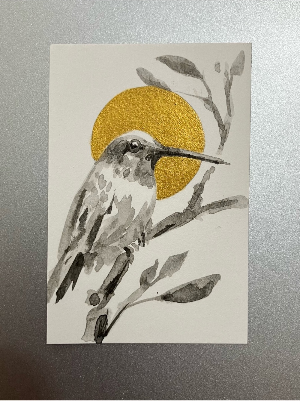 Original hummingbird painting miniature realism art sumi-e style artwork